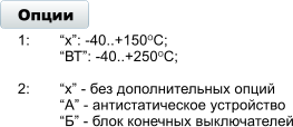Опции 1:	х: -40..+150ОС; ВТ: -40..+250ОС;  2:	х - без дополнительных опций А - антистатическое устройство Б - блок конечных выключателей